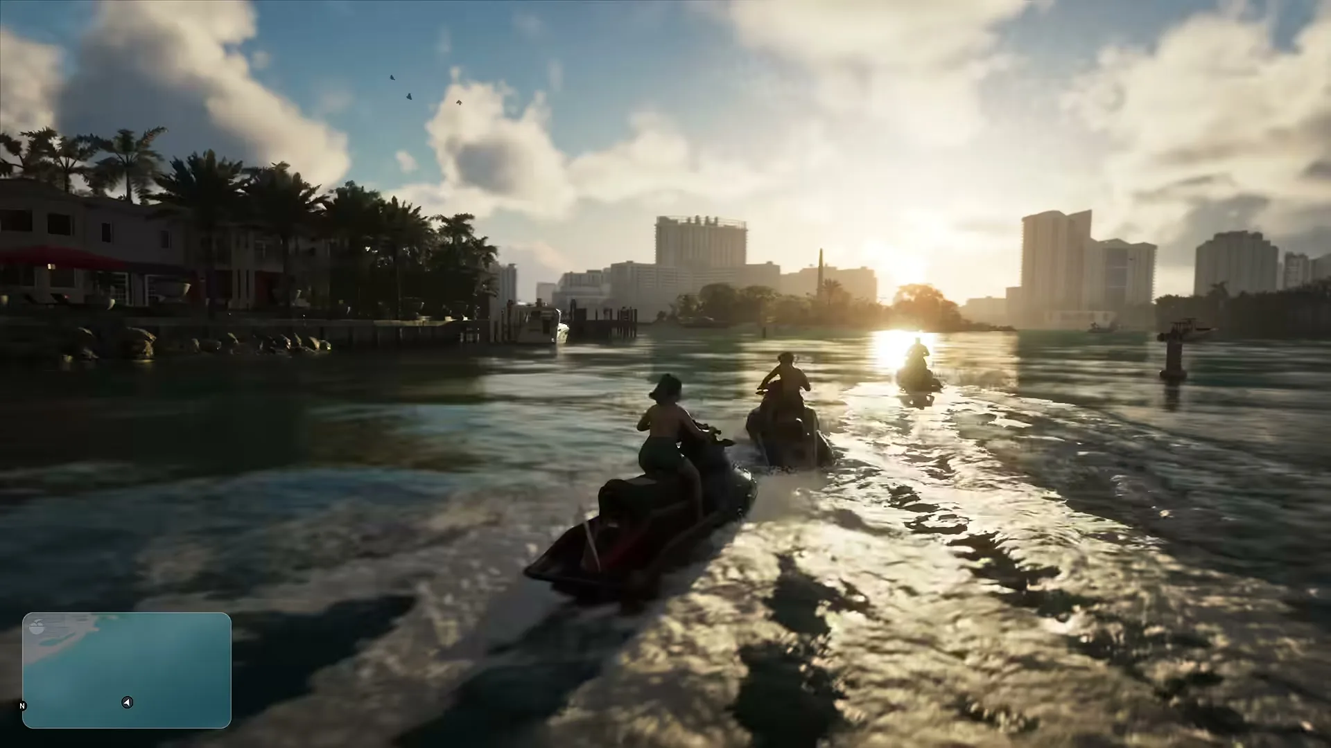 Two jet skis carving across Vice City waters at sunset, the skyline ahead.