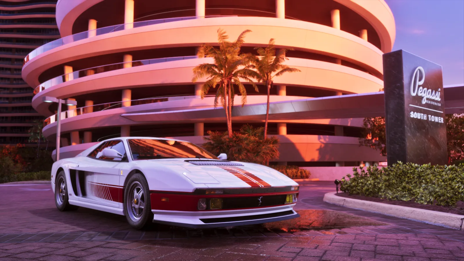 A white '95 Grotti Cheetah with a retro-futuristic livery parked in front of Pegassi.