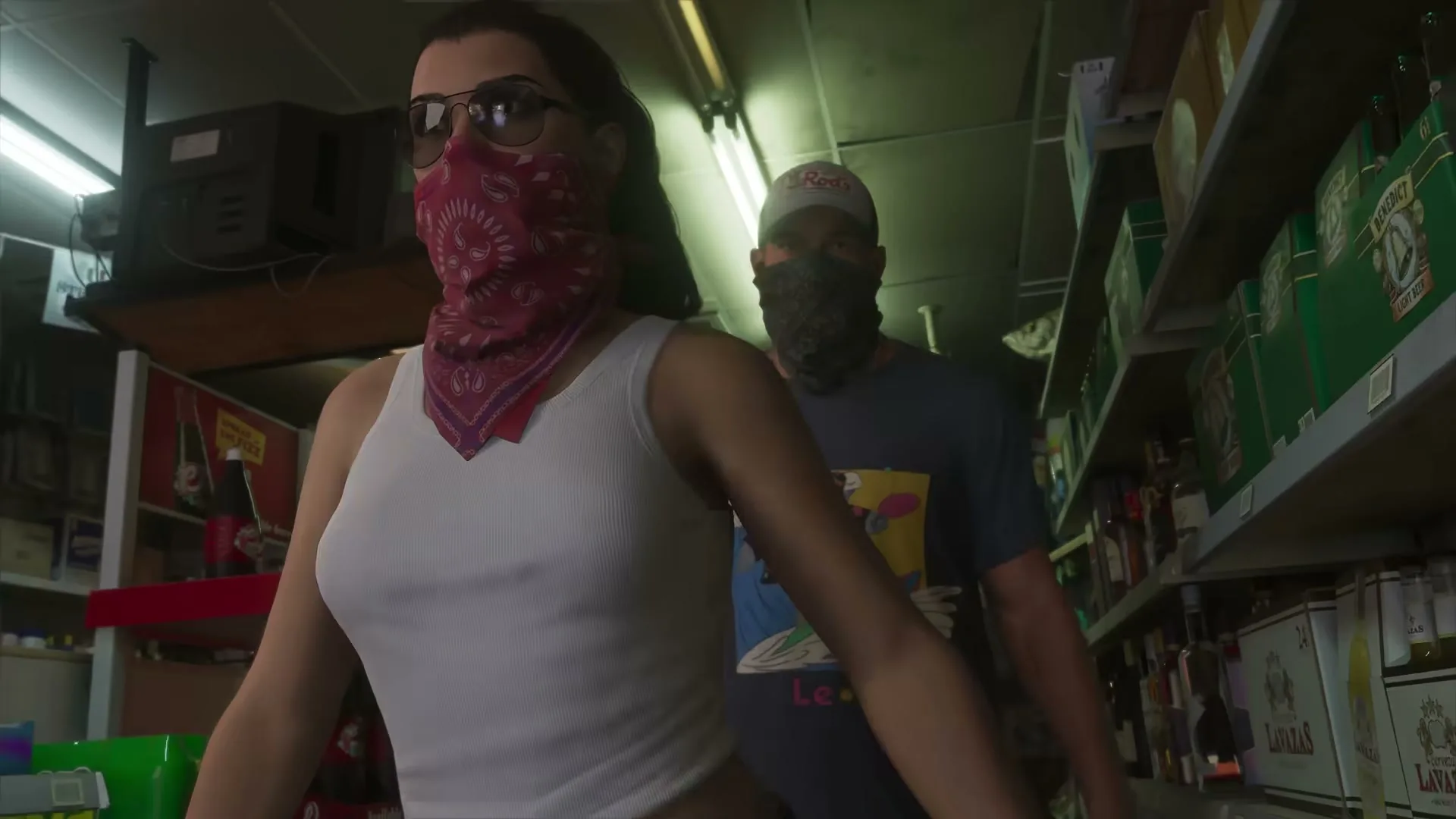 Lucia and Jason in bandanas walking down a liquor store aisle.
