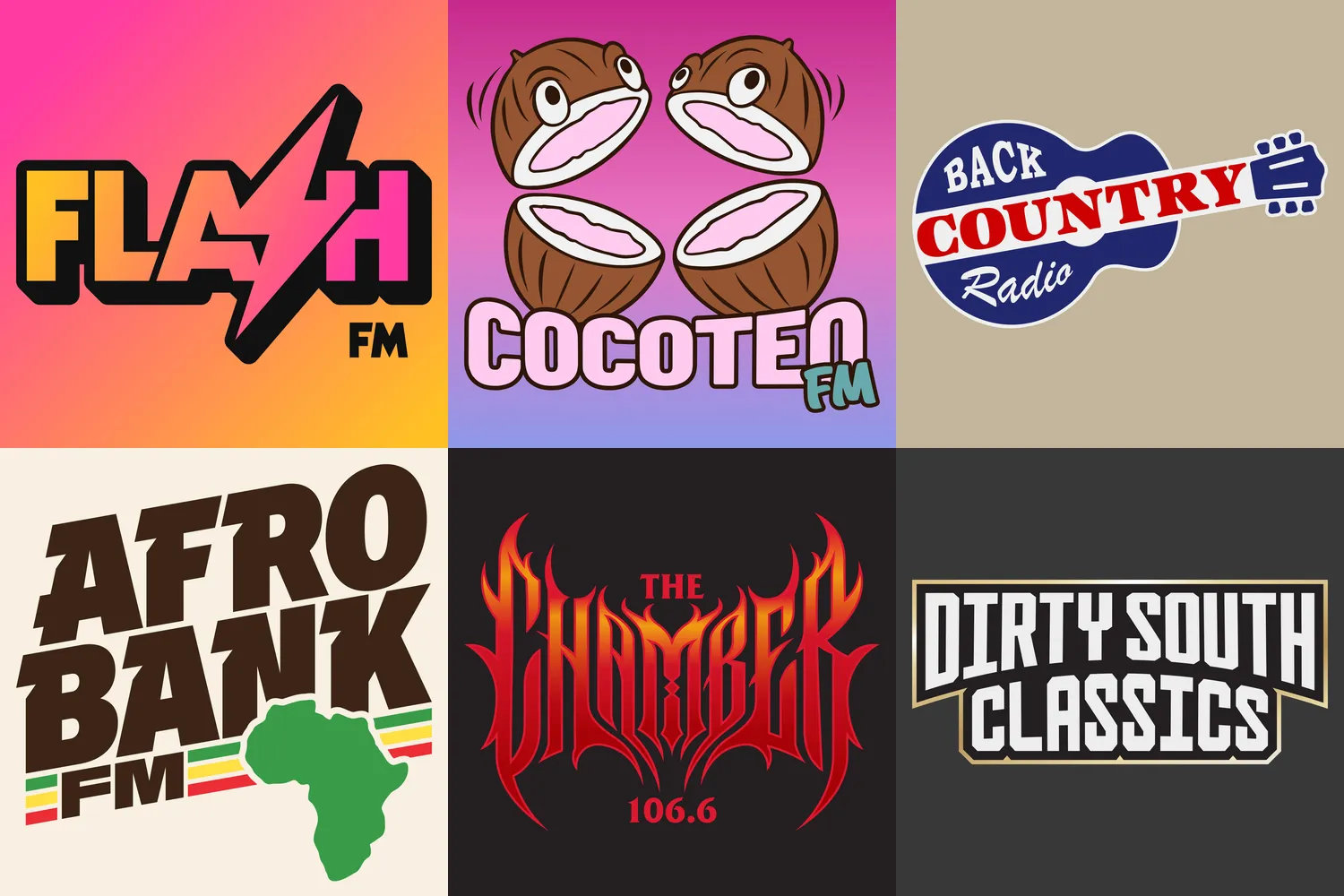 The logos of six GTA 6 radio stations: Flash FM, Cocoteo FM, Back Country Radio, AfroBank FM, The Chamber 106.6 and Dirty South Classics.