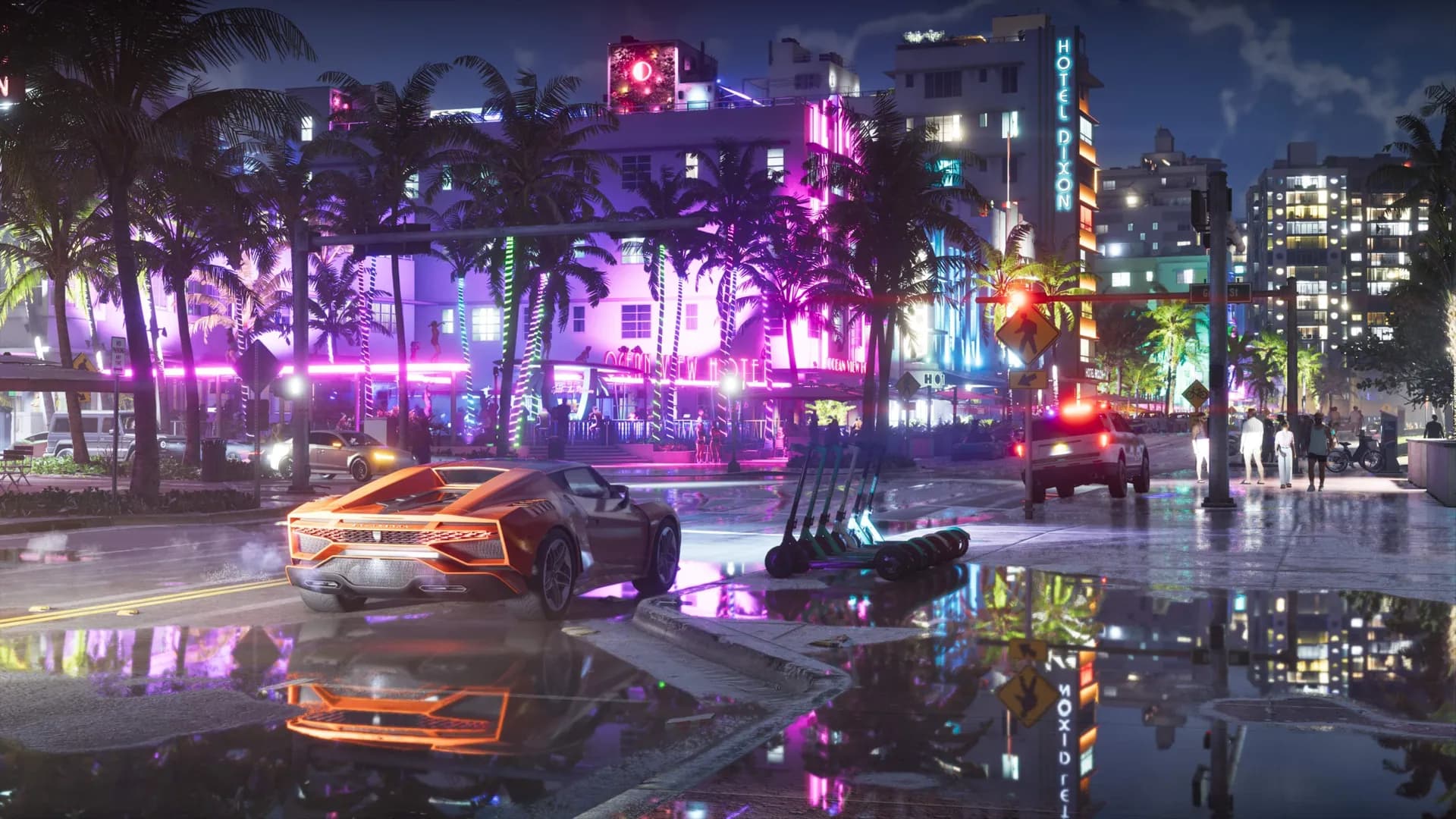 Ocean Drive at night in GTA 6: an orange sports car on a wet street, a row of rental scooters, the neon Ocean View Hotel and Hotel Dixon.