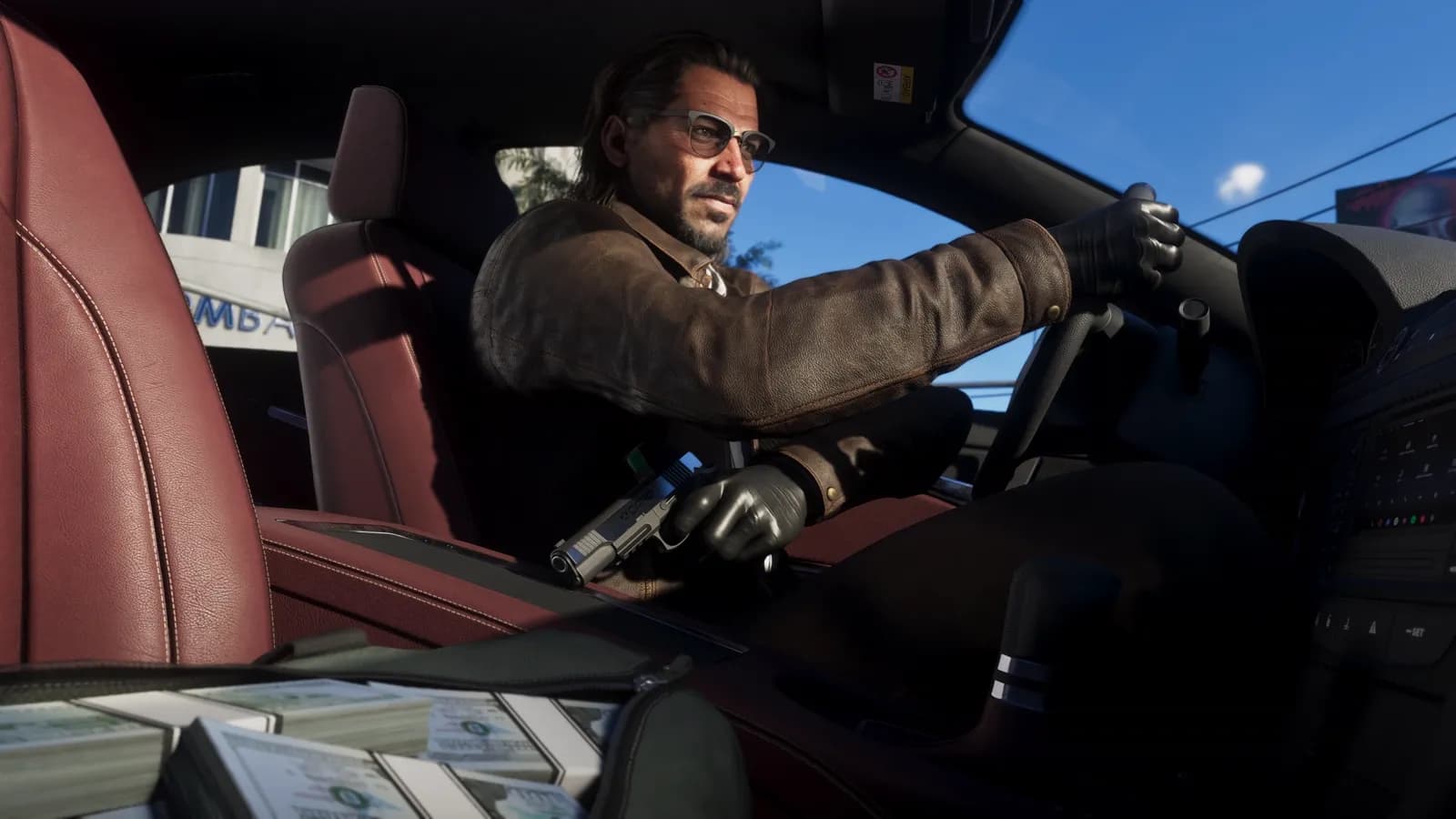 Raul Bautista driving with one hand and holding a handgun hidden with the other, a bag of cash open on the passenger seat.