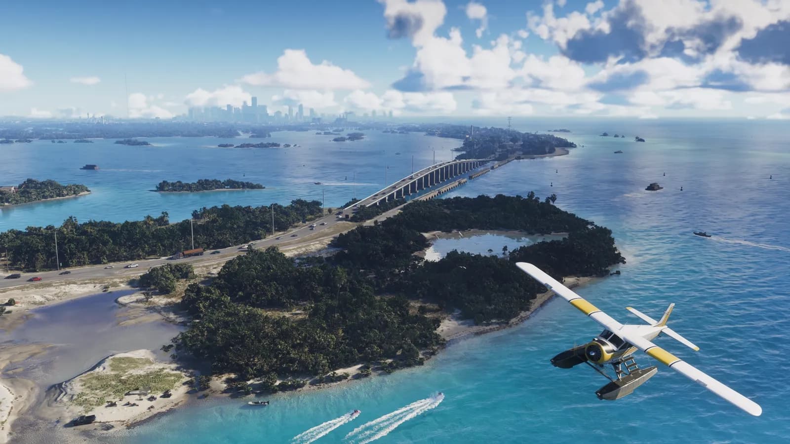 A seaplane flying over the Leonida Keys, a bridge linking two islands.